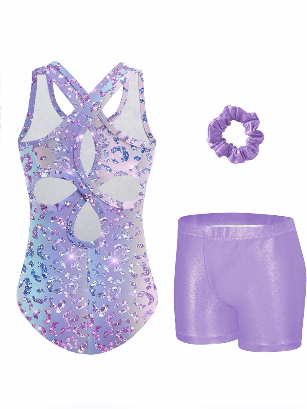 NEW-Gymnastics Leotard, Hollow Back Sparkly Shorts Combo w/Hair Tie-Size 4-5T